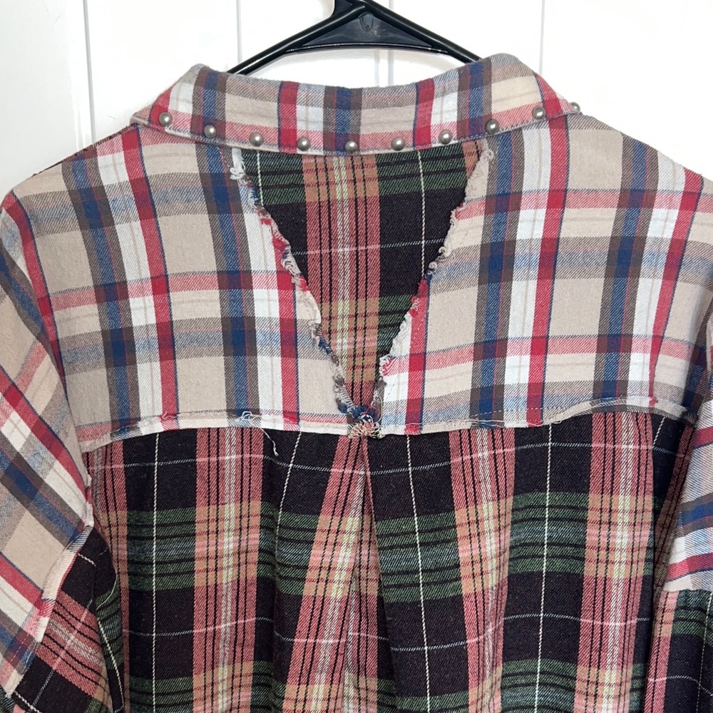 Women's Patchwork Plaid Button Down Shirt with St… - image 8